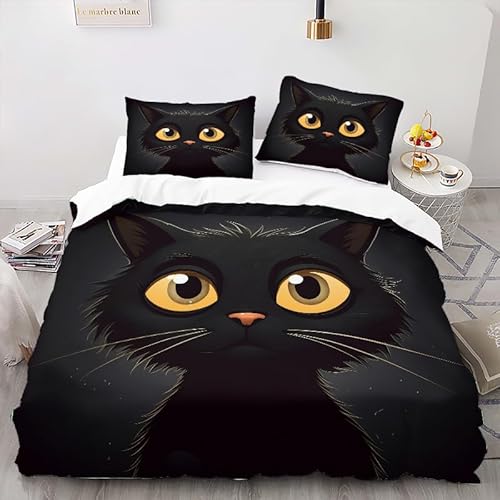 Zbeiba Schwarze Katze im Cartoon-Stil Bettwäsche 135x200,Bettwäsche Sets,Mikrofaser Bettbezug + 2 Kissenbezug?135x200+2 * 80x80,Sti6?