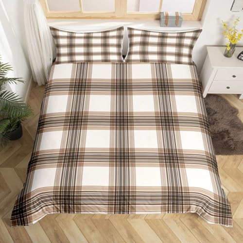 Homemissing Modern Plaid Bettwäsche Set 220x240cm Geometrisch Bettbezug mit Reißverschluss Retro Plaid Drucken mit 2 Kissenbezüge Beige Braun Grau Bettwäsche-Set