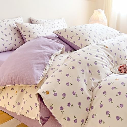 Nayoroom Blumen Bettwäsche 135x200 Mädchen Violett Blumenweise Weiß Bettbezug Set Lila Blumig Pflanzen Aesthetic Clean Girl Floral Microfaser Wendebettwäsche mit Reißverschluss und Kissenbezug 40x80