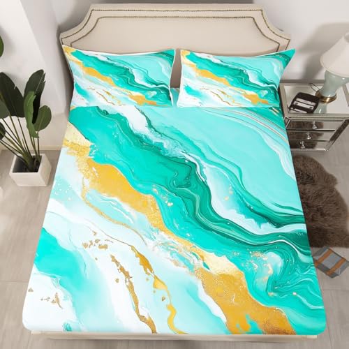 feelingyou Marmor Einbaublech S Größe Abstract Marbling Ripple Stripes Bettdeckung, 1 Kissenbezug Grün-Golden Band-Dyestuff Bettwäsche Set für Jungen