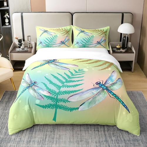 Dragonfly 100% Baumwolle Bettbezug 135x200,Ombre Libellen Bettwäsche,Aquarell Gradient Comforter Bezug für Mädchen Frauen Lady,Botanisches Unkraut Wilde Tiere Bettbezug mit 1 Kissenbezug,Grün