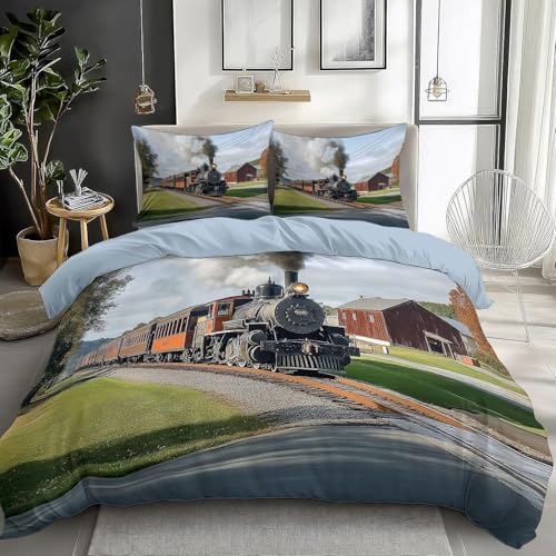 Bettwäsche 155x220 Dampflokomotive Bettwäsche-Sets 155 x 220 3 Teilig 3D Landhaus-Idylle Bettbezüg Weich Mikrofaser Bettbezug mit Reißverschlus und 2 Kissenbezug 80x80cm b.443
