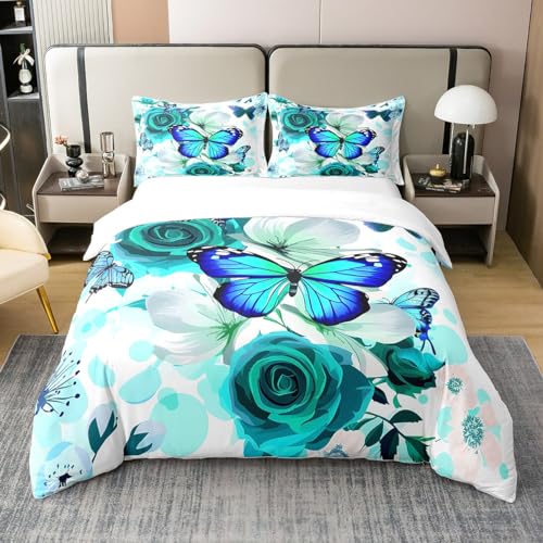 Teal Blau Ombre Schmetterling 155x220 Bettbezug für Kinder Türkis Rose Blume Bettwäsche Set Wildlife Fliegende Tier Tröster Abdeckung Frühling Natur Rustikale Bettbezug mit Reißverschluss Verschluss