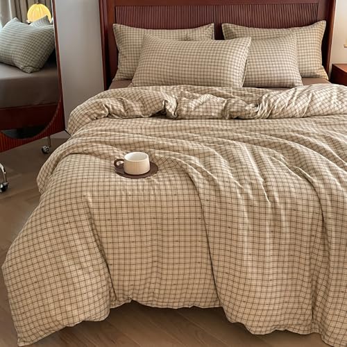 Covebett Bettwäsche 200x200 Braun Beige Kariert Karo Muster Modern Bettbezug Set Landhausstil Herzen Geometrisch Karomuster Renforce Microfaser Deckenbezug und 2 Kissenbezug 80x80 Reißverschluss