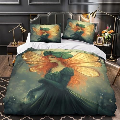 RJAVAGFZL Fee mit Klee 3D-Bedruckt 3er-Set Bettbezug Fantasy Bettdeckenbezug Mikrofaser Staubmilbenfest Hypoallergen für Kinder Jugendliche Frauen Single (135x200cm)