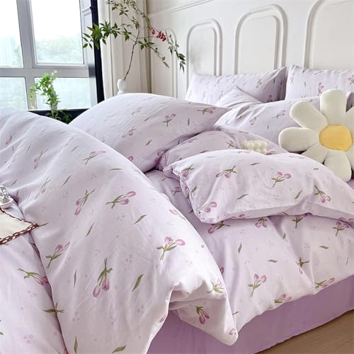 Freyamy Blumen Bettwäsche 200x220cm 3teilig Lila Violett Grün Floral Mädchen Bettwaren-Sets Microfaser Blumenmuster Deckenbezug Kinder Teen Bettbezug mit Reißverschluss und 2 Kissenbezug 80x80cm