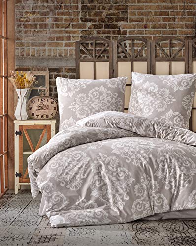 ZIRVEHOME Bettwäsche 155x220 cm Beige/Weiß Barock Muster, 100% Baumwolle/Renforcé 2 teilig Bettbezug Set mit Verdeckter Reißverschluss Model: Sade V2