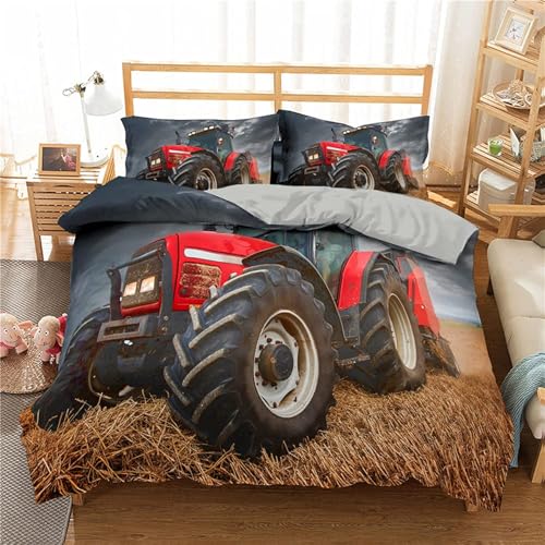NUEYSP Bettwäsche 200x220 Roter Traktor Bettwäsche-Sets 3D-Motiv, Mikrofaser, 1 Bettbezug 200x220 + 2 Kissen 80x80 mit Verdecktem ReißVerschluss für Mädchen Jungen.