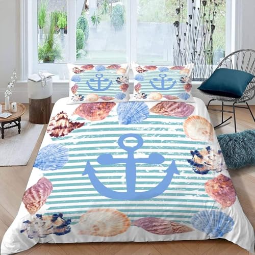 Blauer Ankern Bettwäsche 220x240 3D Bettwäsche-Sets Muschel Bettbezüge Weiche Kuschelig Mikrofaser 3 Teilig Bettbezug mit Reißverschluss und 2 Kissenbezüge 80x80 cm C-3246