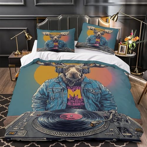VMPLOKIJH Musikalischer Elch Bettbezug Set 3pcs Bettwäsche Sets Reißverschluss Mit Kissenbezug Betten Set Single?140x200cm?