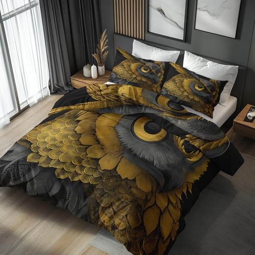 Generisch Bettwäsche 155x220 Eule Design, 2tlg - Schwarzer Goldvogel Bettbezug und 1 Kissenbezug 80x80, Mikrofaser Wendebettwäsche mit Reißverschluss, Schlafzimmer Deko B5w62