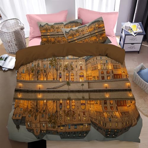 Bettwäsche 260x220cm Beige Europäische Architektur in Paris Bettbezug Set 3 Teilig Spiegelung im See Blümchen Blumenmuster Weich Bettwäsche-Sets mit 2 Kissenbezüge 80x80 cm und Reißverschluss