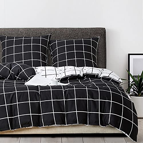 Luofanfei Bettwäsche Kariert 135x200 cm Schwarz Weiß Wendebettwäsche Set Modern Karo Landhaus Bettbezug Microfaser Deckenbezug mit Reißverschluss und 1 Kissenbezug 80x80cm