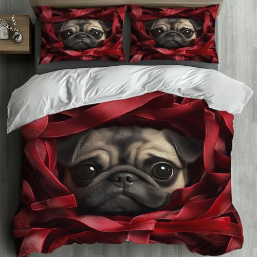 MKBKLI Bettwäsche 135x200 rote Schleife Tier Mops Bettwäsche Set Weich Microfaser Kuschelige Bettwäsche, Bettbezug und Kissenbezug 80x80cm mit Reißverschluss