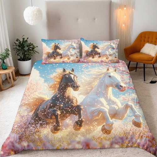 Kirschblüte Tier Pferd Bettwäsche 200X200 cm Kinder Junge Mädchen 3D Effekt Bettbezug Jugendliche Bettwäsche-Set Mikrofaser Bettbezug Mit Reißverschluss Und 2 Kissenbezug 80X80Cm