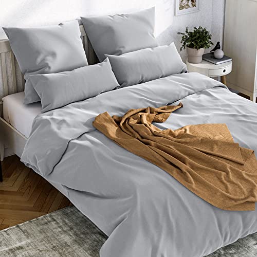 Wolkenfeld Bettwäsche 155x200 Mako-Satin Baumwolle - luftig weiche Sommerbettwäsche - Bettwäsche-Set 2teilig mit 1x Bettbezug 155 x 200 + 1x Kissenbezug 80x80 - Hellgrau