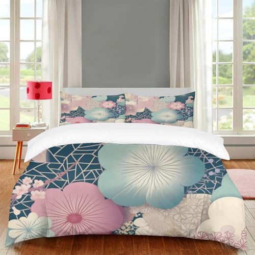 Bettwäsche Blumen, Bettbezug 1er + Kissenbezug 2er, Starker Japanischer Stil, Atmungsaktiver Stoff Mit Reißverschluss, Elegant Und Romantisch
