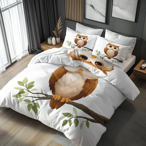 Generisch Bettwäsche 135x200 Kinder Wende Motiv 2tlg, Schlafzimmer Deko, Cartoon Eule Vogel Bettbezug und 1 Kissenbezug 80x80, Weiche Mikrofaser Deckenbezug mit Reißverschluss -a310
