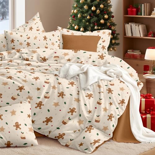 Freyamy Weihnachts Bettwäsche 200x200,Lebkuchenmann Braun Bettwäsche-Sets 3tlg,Mikrofaser Kinder Bettbezug Geschenk für Weihnachten mit Reißverschluss und 2 Kissenbezüge 80x80 cm