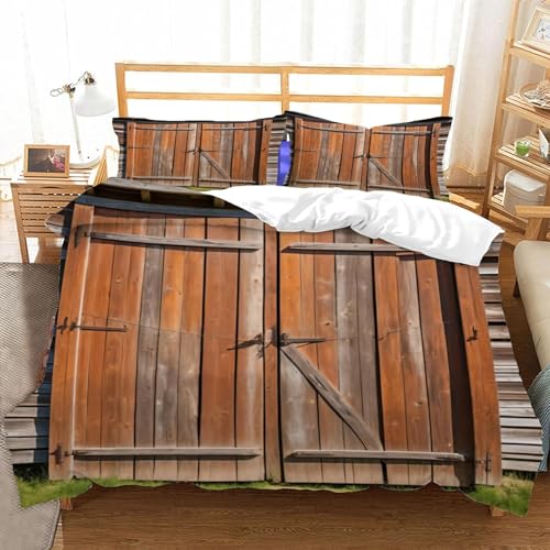 Bettwäsche 200x220 Retro-Holztür 3D Druck Bettbezug 200x220 Landhausstil Bettwäsche-Sets Weiche Mikrofaser Bettwäsche Set 3 Teilig Bettbezüge für Doppelbett mit 2 Kissenbezüge I-1049