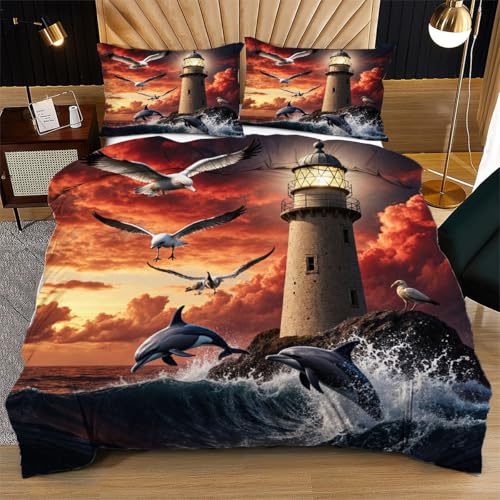 Dozrmey Bettwäsche Set 200x220 Bunter Leuchtturm, 3-teiliges Schlafzimmer-Set mit 1 Bettdeckenbezug + 2 Kissenbezügen, Waschmaschinenfest, knitterfest, mit verstecktem Reißverschluss O190