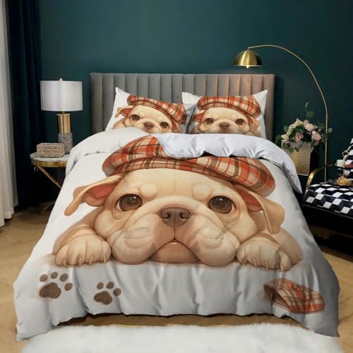 Generisch Mops 3-teiliges Weiß Bettwäsche-Set 135 x 200 cm mit 1 Kopfkissenbezügen 80 x 80 cm, Tier Mikrofaser Bettbezug mit Reißverschluss alle Jahreszeiten für Kinder und Erwachsene