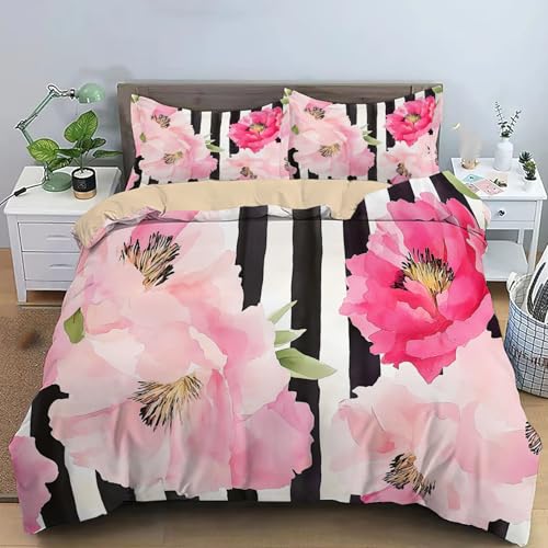 JEDTAKCT Bettwäsche Set 135X200Cm Blush Pink Aquarell Pfingstrose Punk Streifen 3D Polyester Bettbezug Sets, Weich Atmungsaktiv Bettbezüge Mit 2 Kissenbezug 80X80 cm, Für Alle Jahreszeiten