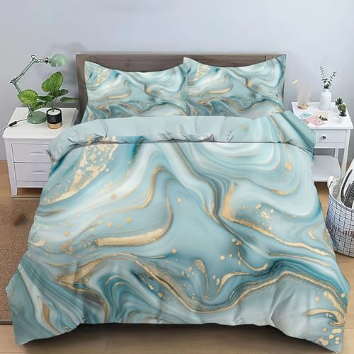JEDTAKCT Goldfolienwirbel Bettwäsche 220X240Cm - Sommer Wendebettwäsche Mikrofaser Mädchen Und Jungen - Moderner Marmor Bettwäsche Set - Weich Bügelfrei - Sets Türkis Mit Reißverschluss