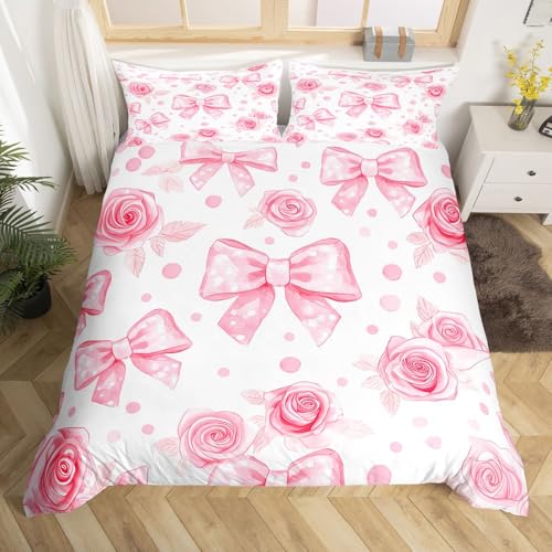 Homemissing Romantische Bowknot Bettwäsche Set 155x220cm Für Kinder Jungen Mädchen Pink Bow Bettwäsche-Set Rose Blumen Floral Bettbezug mit 1 Kissenbezug Bowknot Blume mit Reißverschluss