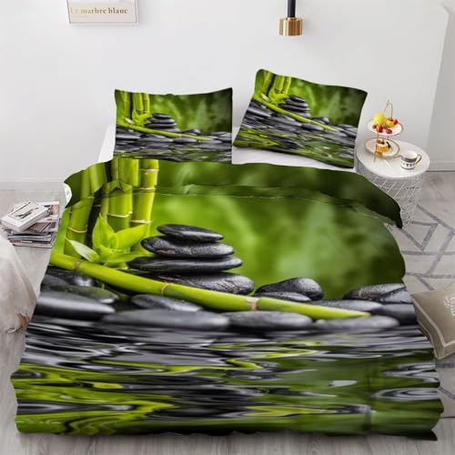 Bettwäsche 155x220 Grüner Bambus und Kieselsteine Bettwäsche-Sets Orientalisch-Asiatisch Bettbezug mit Reißverschluss 3D Weiche Mikrofaser Bettbezüge mit 2 Kissenbezüge 80x80 cm A-7677