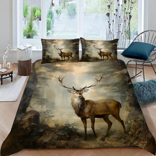 Bettwäsche 135x200 cm 3D Digitaldruck 2 Teilig Wildtiere Bettwäsche Sets Kinder Mikrofaser Reißverschluss Wald Motiv Soft Bettwaren Bettbezug und 1 Kissenbezug 50x75 cm (Z7128)