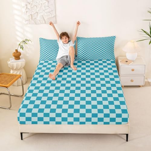 Plaid Schachbrett Einbaublech M Größe Grid Geometrische Türkis Blau Bettdeckung 2pcs Schach Luxus Moderne Abstrakt Bettwäsche Set für Kinder