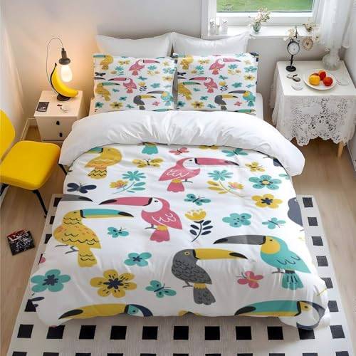 Bettwäsche-Set mit geometrischem Vogelmotiv, französisches Landhaus, Bettbezug mit niedlichem Vogelmuster, weiche Mikrofaser, Bettdeckenbezug für Schlafzimmer-Dekor (Stil 3, Doppelbett 200 x 200 cm +