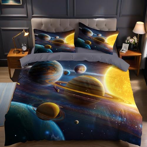 Sonnensystem Bettwäsche 135 x 200 cm Sternenhimmel Bewegung 3D Druck Kinder Bettwäsche Set Mikrofaser Bettbezug mit Reißverschluss und Kissenbezug 80 x 80 cm