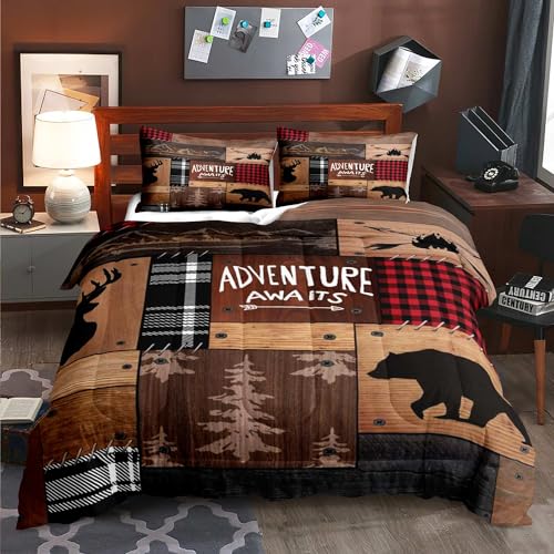 LUVIVIHOME 3-teiliges rustikales Kabinen-Bettwäsche-Set, volle Größe, Bauernhaus-Bettwäsche, schwarzer Bär, Hirsch, Elch, Elch, Wald, Tiere, Jagd, Land, braun, Patchwork, weiß, rot, kariert, Lodge,