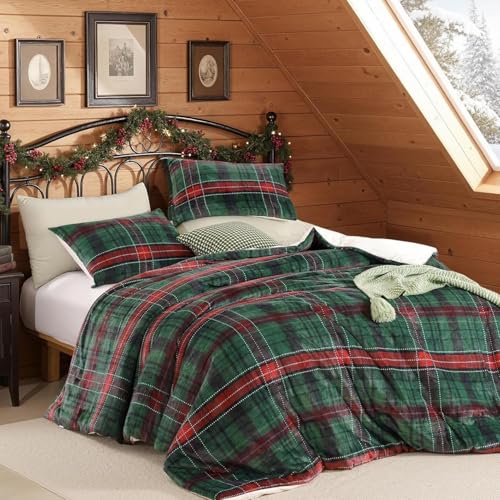 Lanqinglv Weihnachts Bettwäsche 135x200 Biber Flauschige Flanell Winter Bettwäsche mit Grün Kariert Muster,Gitter Bettbezug und 1 Kissenbezug 80x80 cm,mit Reißverschluss
