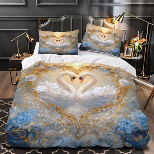 VOXYTMLWG Swan 3D Gedruckt Bettwäsche Pink Royal Bettbezug 3 Teilig mit Reißverschluss Weich Schlafkomfort for Mädchen,Kinder,Erwachsen e,Jugendliche Single?135x200cm?