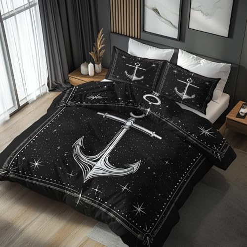 Generisch Bettwäsche 155x220 Ankers Maritim, Weiche Bügelfreie Mikrofaser Bettbezug Set 2tlg, Nautisch Schwarz Weiß Muster Schlafzimmer Deko, 1 Kissenbezug 80x80, mit Reißverschluss GAV39