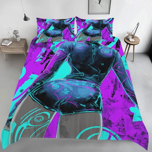 Generisch Liebey Frau Bettwäsche 140x200, Cyber Stil Wendebettwäsche, Neon Violett Motiv Bettbezug mit Reißverschluss, Weiche Mikrofaser Bettwäsche Sets 2 Teilig mit 1 Kissenbezug 70x90 B64r