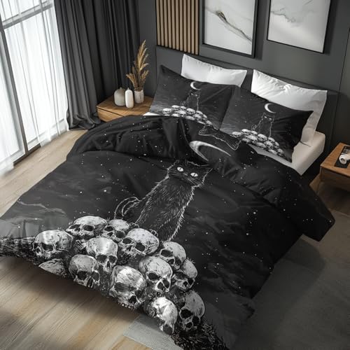 Katze Bettwäsche 140x200 Bügelfreie - Spooky Totenkopf Mond Muster, Renforce Wendebettwäsche Bettbezug 2er Set Cozy Mikrofaser Mit Reißverschluss, 1 Kissenbezug 70x90