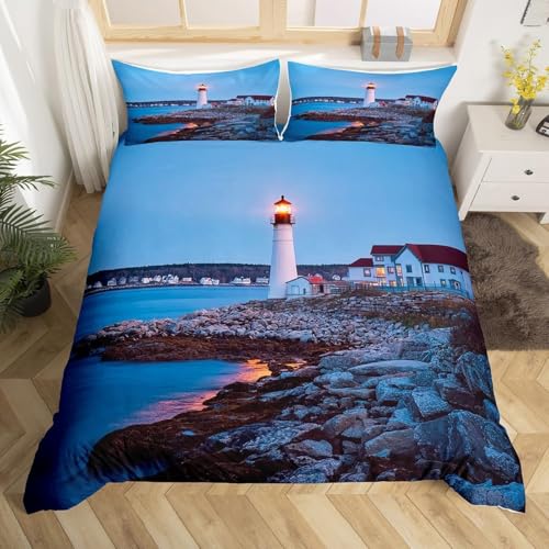 Bettwäsche 155x220 cm Leuchtturm-Muster 3D Bettwäsche-Sets Strandmotiv Microfaser Bettbezug Weiche Komfortabel Bettbezüge mit Reißverschluss and 2 Kissenbezüge 80x80 cm j-3141