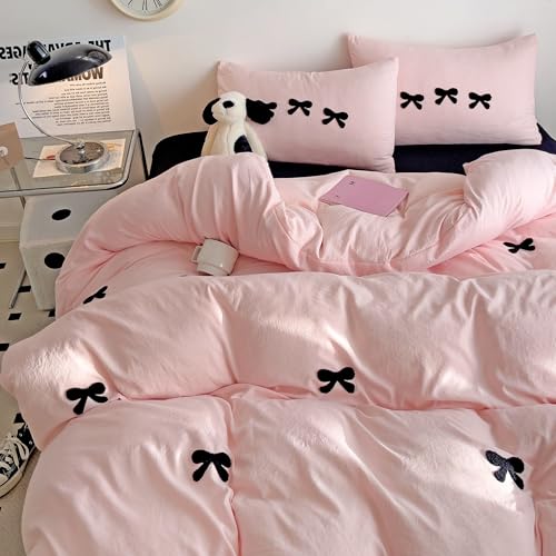 GETIYA Elegant Hellrosa Bettwäsche 135x200 Mikrofaser Bettbezug mit Schwarz Schleifen Muster Unifarben Bettwäsche Mädchen Damen Rosa Deckenbezug Einzelbett mit 1 Kissenbezug 80x80