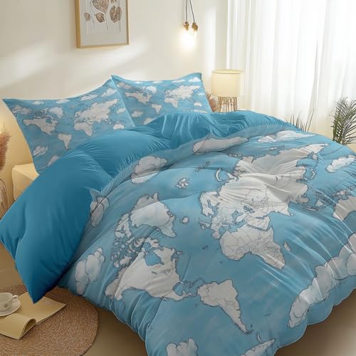 Bettwäsche 180 x 200 cm Cartoon-Weltkarte Design - Sommer Bettwäsche Set Weich Microfaser, Atmungsaktiv & Hautfreundlich - Wendebettwäsche mit Reißverschluss, Hellblau