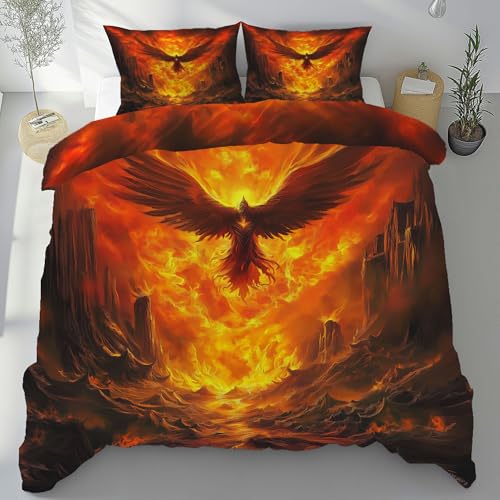 Meugesoi Bettbezug 135x200cm Orientalisch Mythologie Phönix Komfortable Weiche Bettwäsche 3-Teilig mit Reißverschluss Fantasy Flamme Bettwäsche Sets mit 2 mal Kissenbezüge Bettbezug für Jugendliche