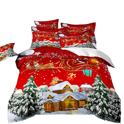 RZPFQB Weihnachten Kinder Bettwäsche 200x200 Bettwäsche Set für Teens Jungen Mädchen Kinderbettwäsche Weihnachtsmann bringt Geschenke Bettbezug Set Rot Microfaser Bettwäscheset