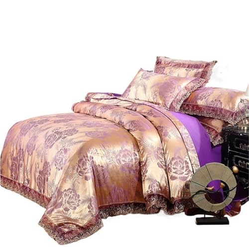 NJIEzhao Satin Jacquard Bettwäsche Set Blume Bettbezug Quilt Abdeckung Kissenbezüge Blatt Twin Königin König Home Texiles Seidenbettwäsche Set(Color 6,King220x240 4pcs)