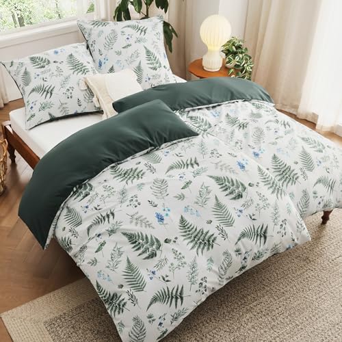 BEDSURE Bettwäsche 135x200 4teilig Bettbezug   Bettwäsche Sets 135 x 200 cm 2er Set 2 Kissenbezüge 80x80cm, ÖKO TEX Wendebettwäsche Bedding Muster Grün Blumen Pflanzen Reißverschluss