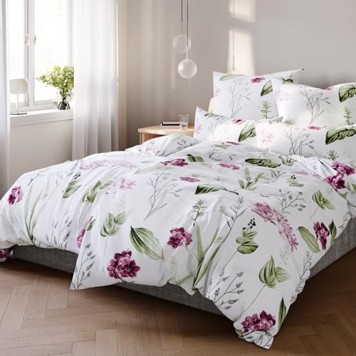 Pure Label Blumen Bettwäsche 135x200 cm mit einem Kissenbezug 40x80 cm - Traumhaft weiches Bettwäsche-Sets 135 x 200 cm in weiß aus 100% Baumwolle mit YKK Reißverschluss