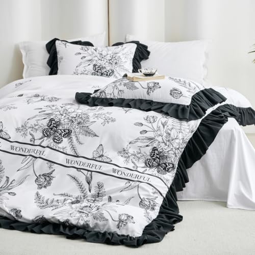 Covebett Bettwäsche 135x200 4teilig Blumen Schwarz Weiß mit Rüschen Romantische Bettwäsche Set Schmetterling Vintage Blumenmuster Mikrofaser 2 Bettbezug und 2 Kissenbezug 80x80cm Reißverschluss