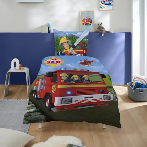 Familando Feuerwehrmann Sam Bettwäsche Set 2?teilig - Deckenbezug 135x200 Kissenbezug 80x80 aus 100?% Baumwolle in Renforcé - Wendebettwäsche mit 2 Motiven und Reißverschluss - Öko?Tex Zertifiziert
